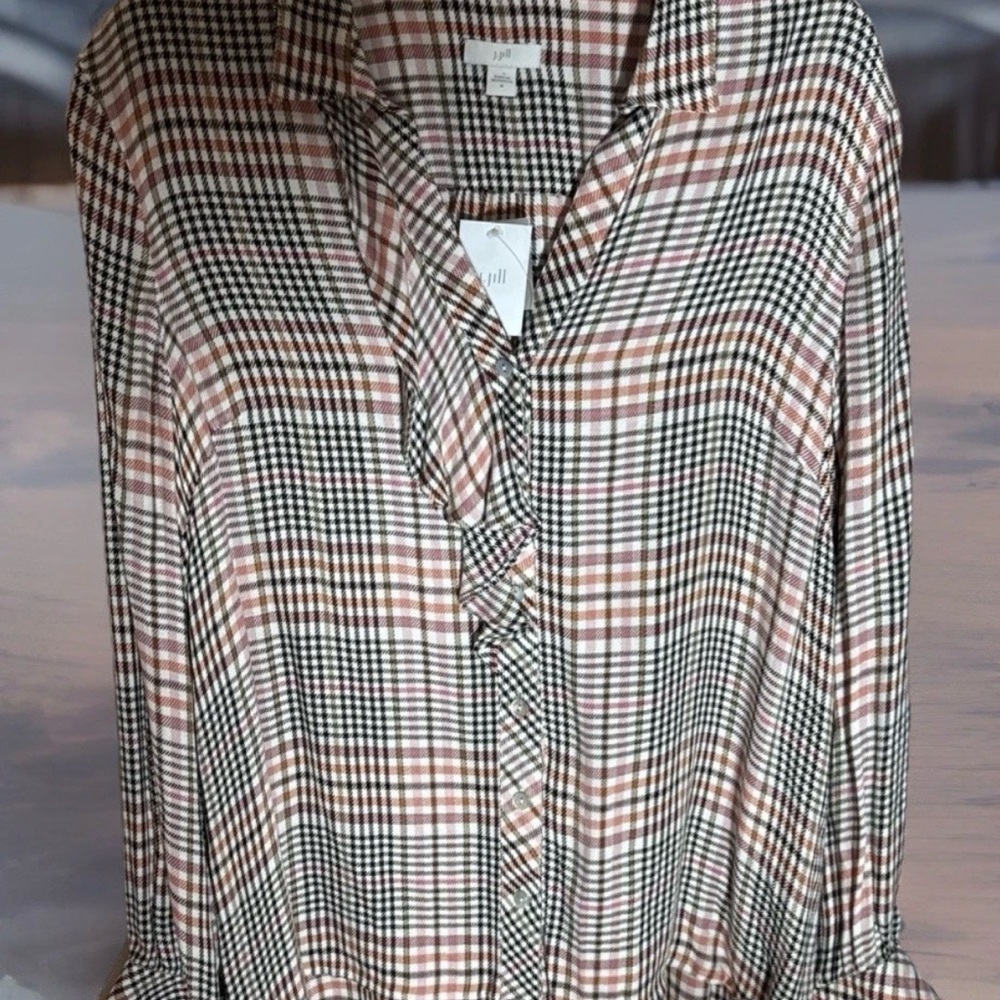 J.Jill Women M Tea Rose Glen Plaid Long Sleeve Ruffled Button-Front Shirt NWT